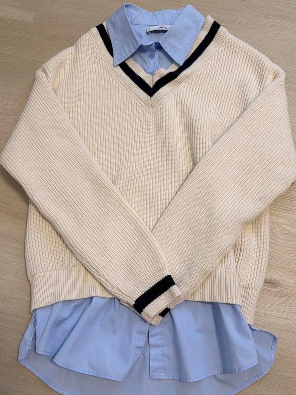 Mango Cream V-neck Twofer Sweater with Black Trim